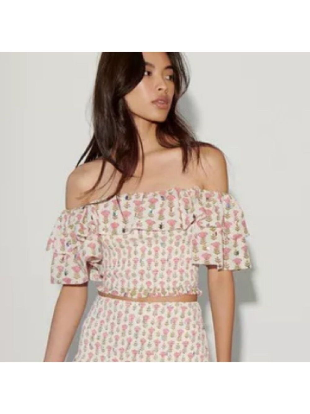 Saylor Milley Floral Metallic Smocked Off Shoulder Cropped Top XS